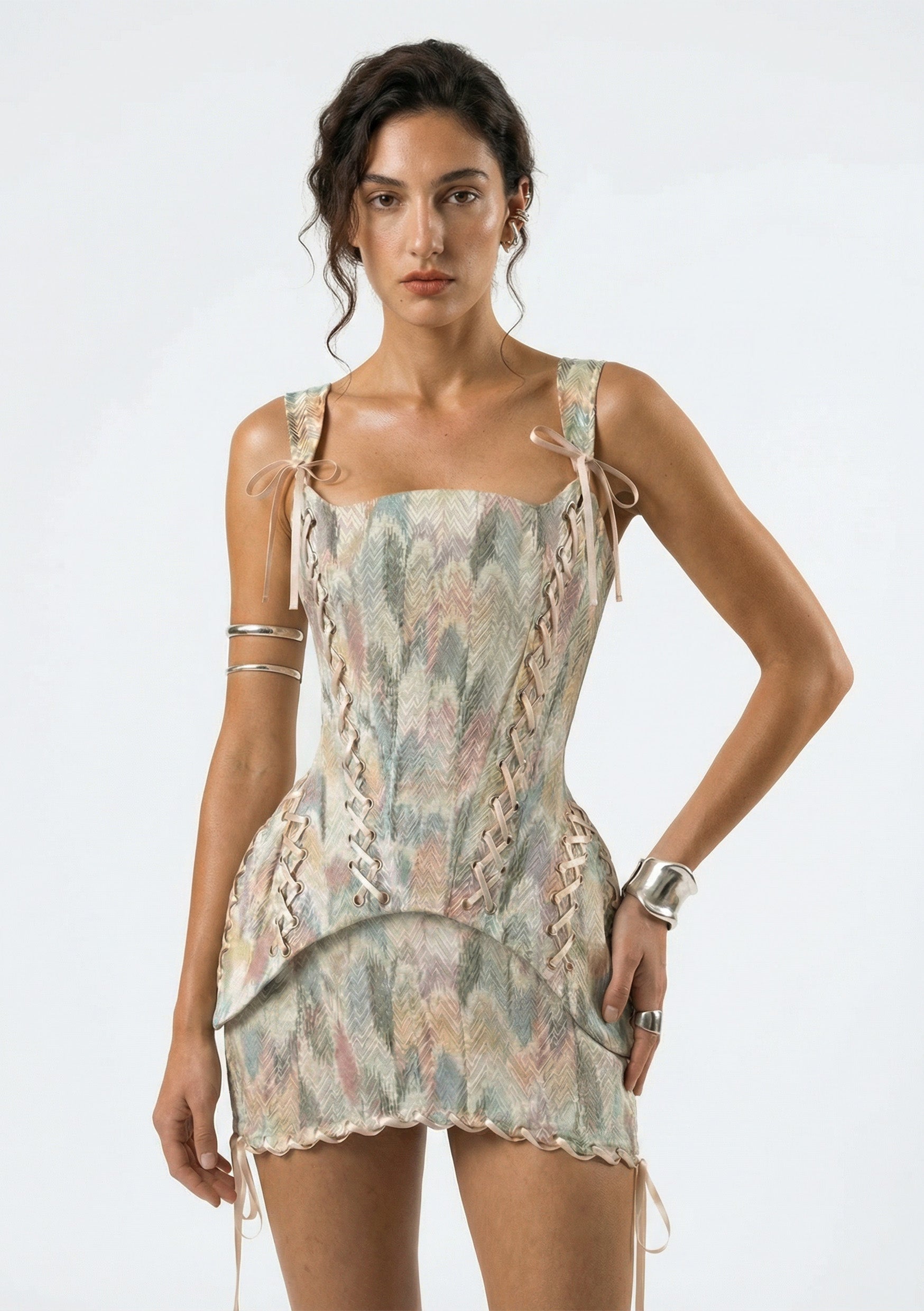 Green Tapestry Lace-Up Corset Top - Haze
