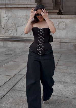 Black chain corset top by La Musa – luxury satin corset with metal chains