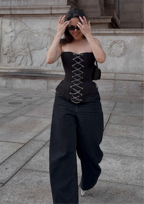 Black chain corset top by La Musa – luxury satin corset with metal chains