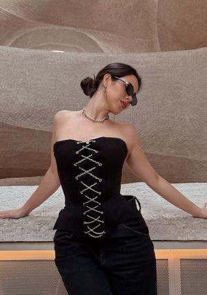 Black chain corset top by La Musa – luxury satin corset with metal chains