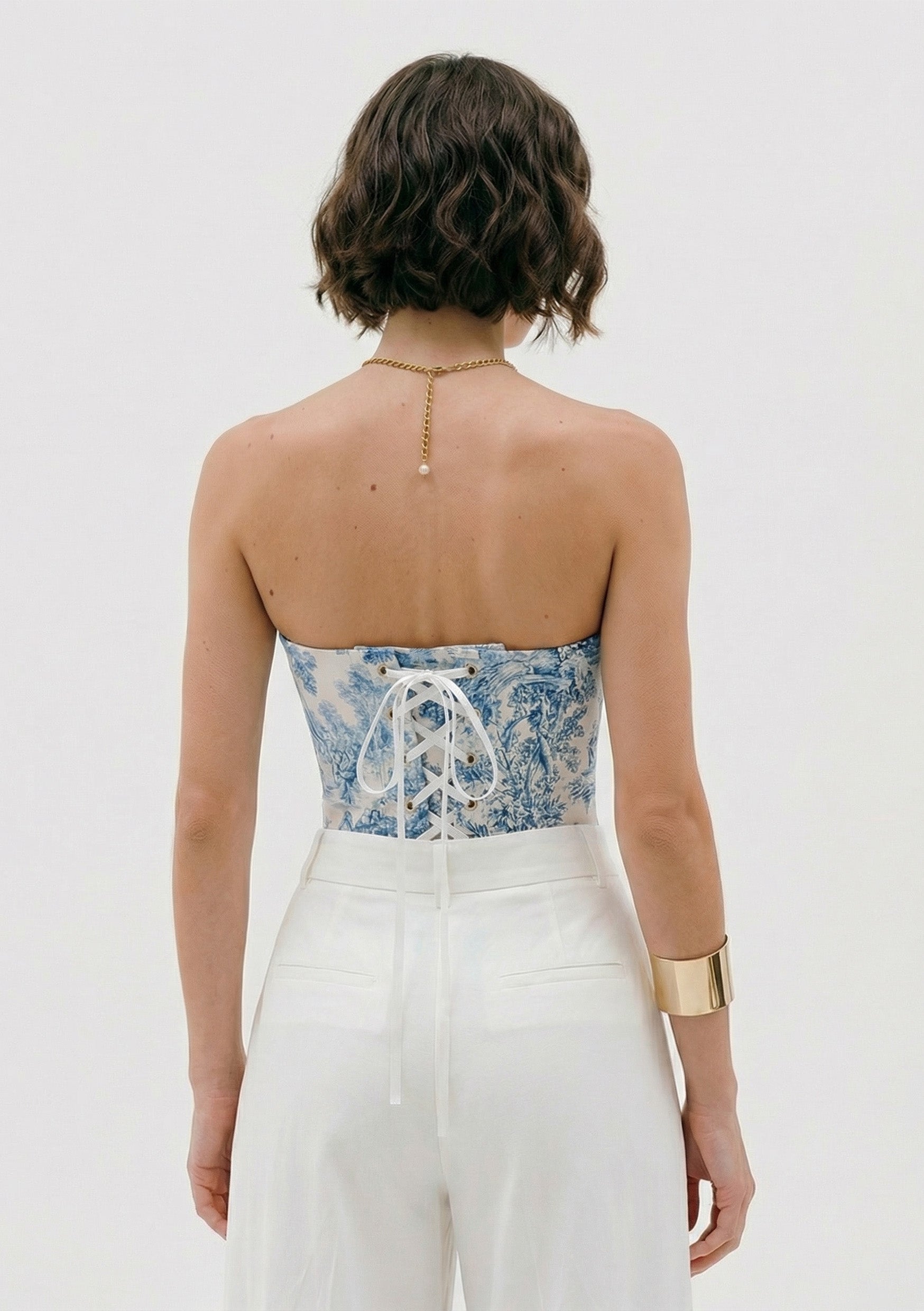 Toile Print Overbust Corset Top - Blue Tapestry | La Musa