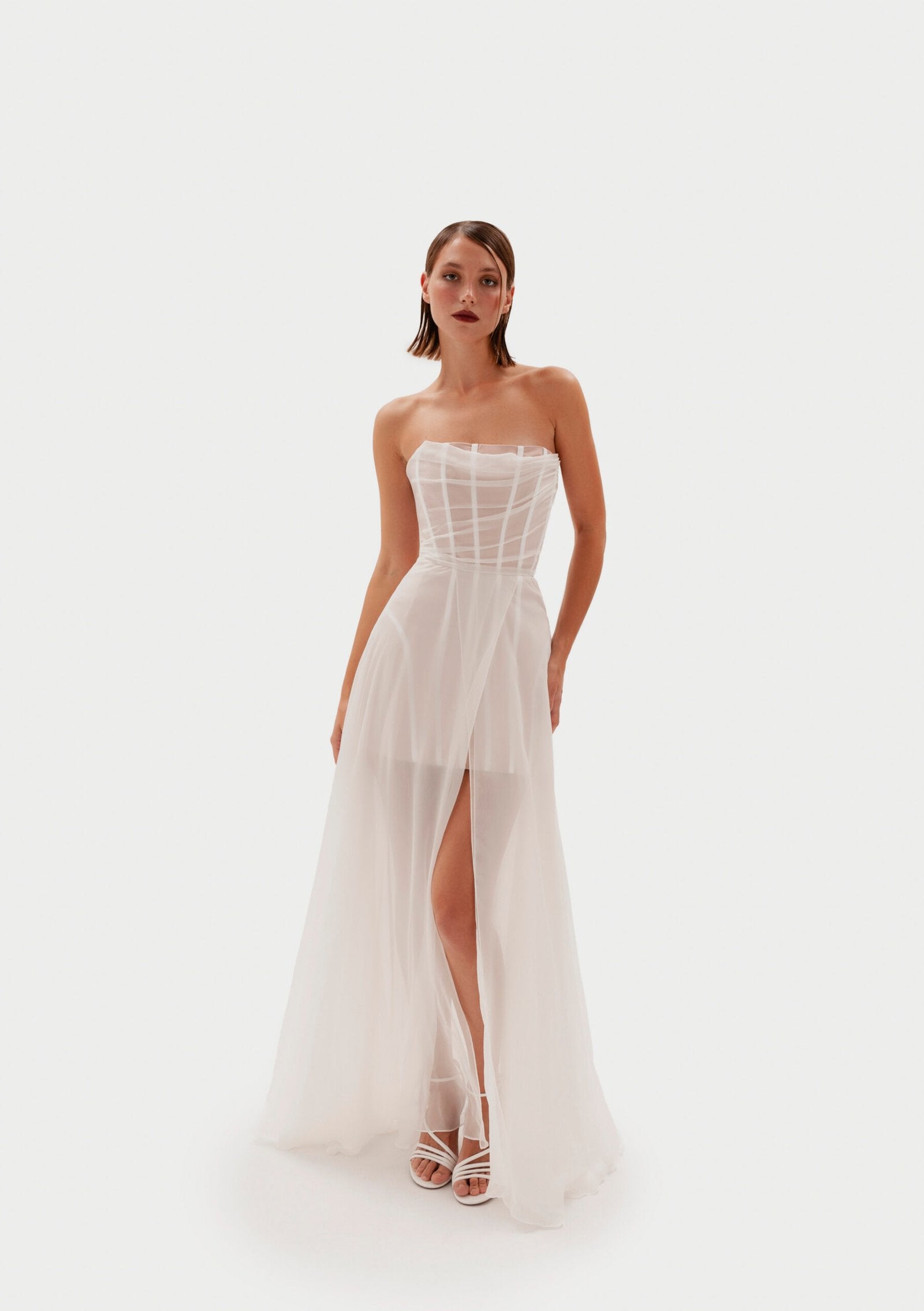 White Chiffon Corset Maxi Evening Gown - Mannequin