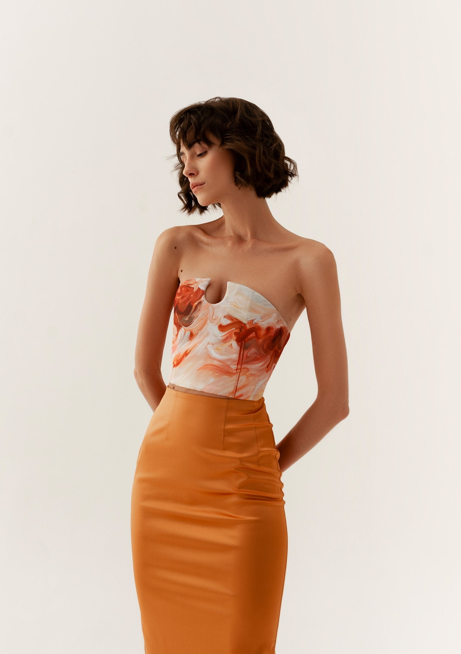 Apricot Satin Midi Pencil Skirt