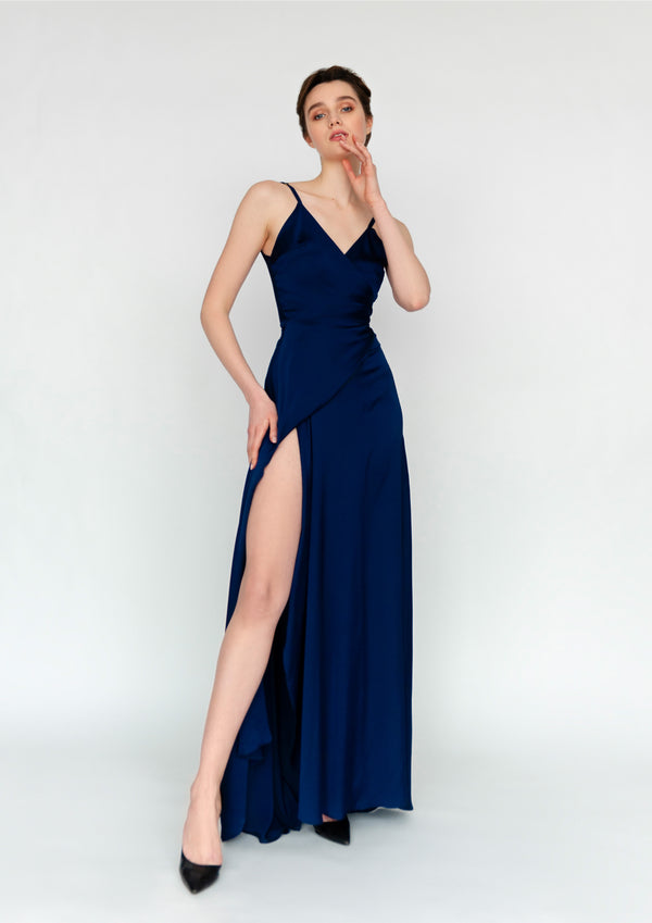 Navy Satin Wrap Maxi Evening Dress - Midnight Sky