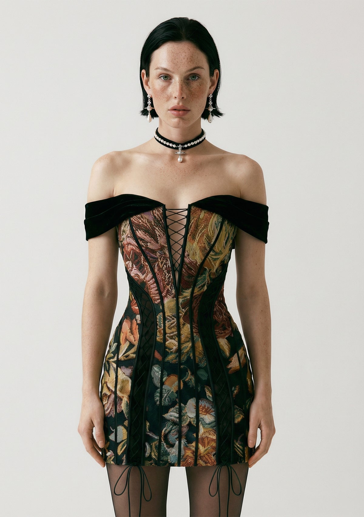 tapestry mini dress Black Corset - Nocturna Back lace up Handfasting ceremony Size:US 18 / UK 22 Oaklyn Flowing Scoop Two