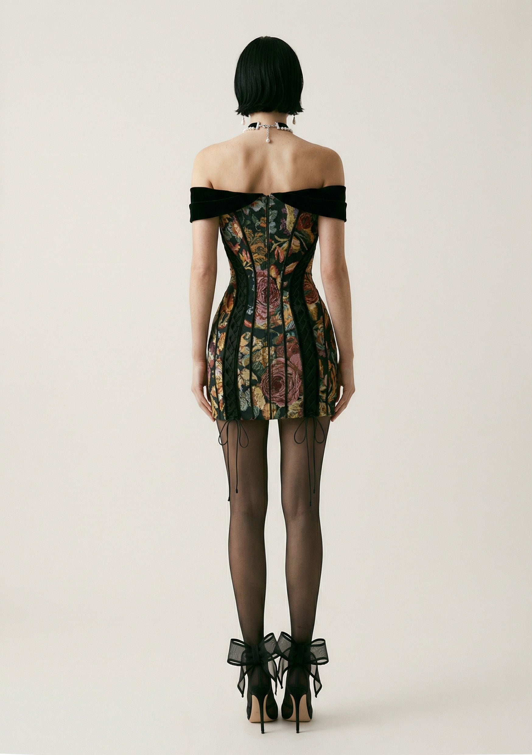 tapestry corset dress Weaving Blooms Floral Tapestry Corset Romper Dress, Black / L