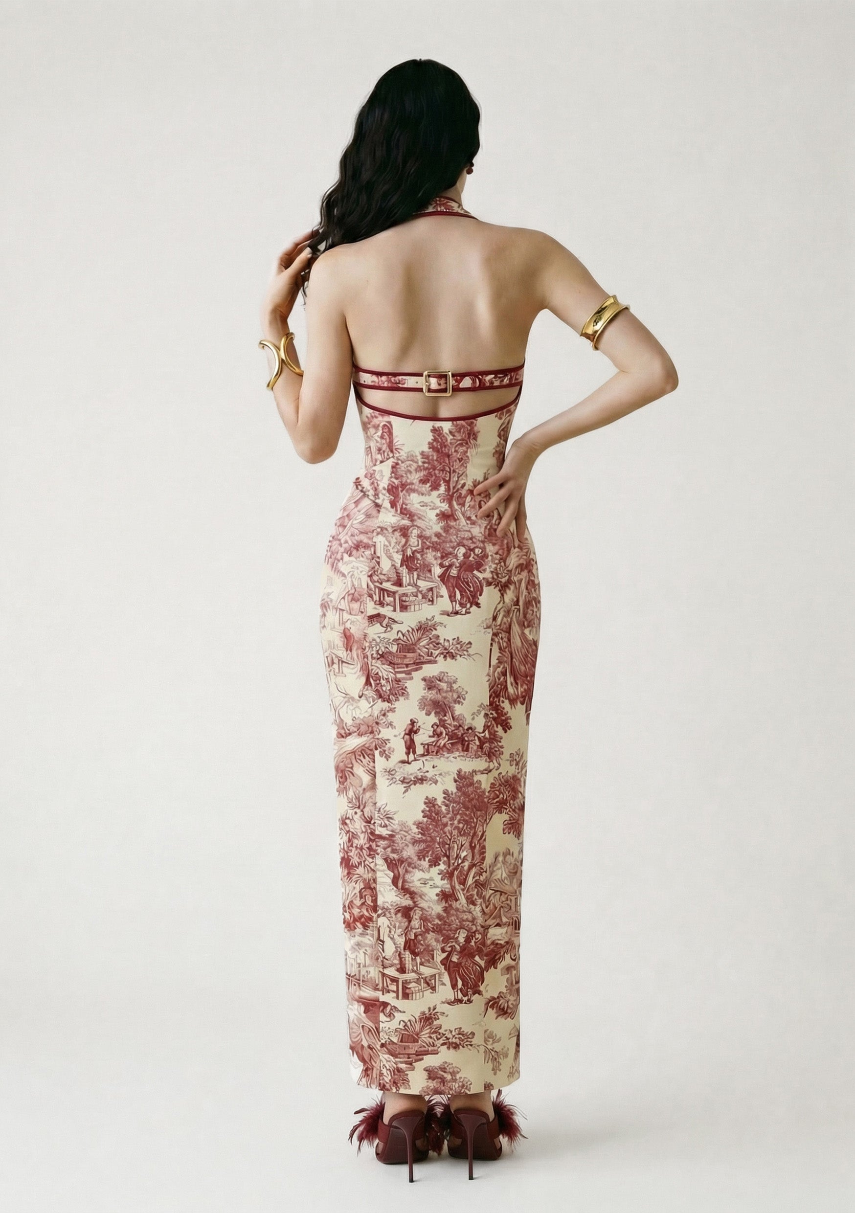 Rouge Jardin - Red Corset Halter Maxi Evening Gown | La Musa