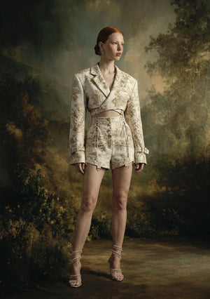 Savoy Blazer cropped ivory toile tapestry corset blazer front view