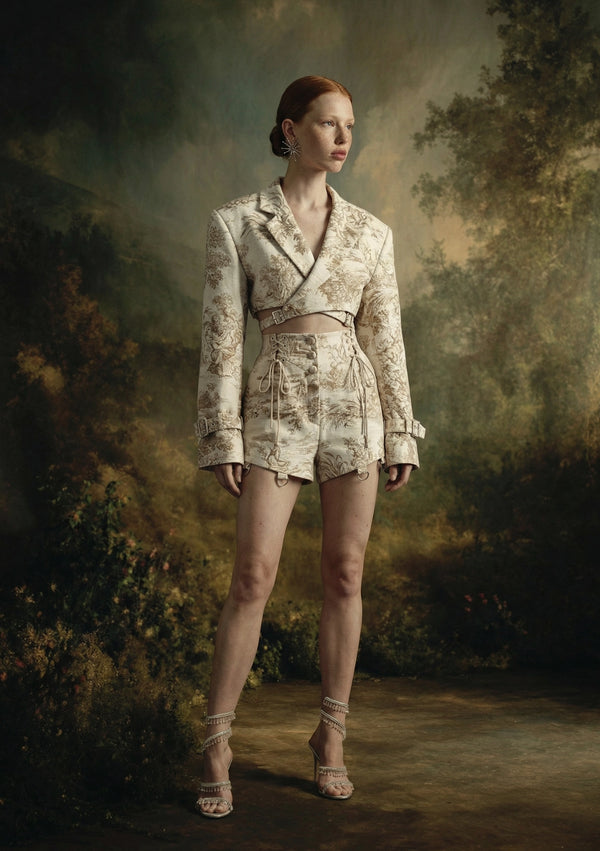 Savoy Blazer cropped ivory toile tapestry corset blazer front view