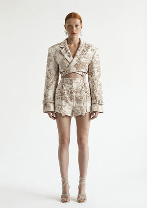 Savoy Blazer styled as a set with matching toile tapestry shorts full length