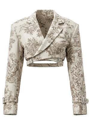 Savoy Blazer styled as a set with matching toile tapestry shorts full length