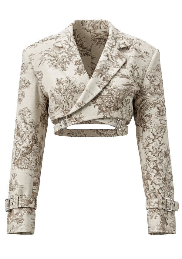 Savoy Blazer styled as a set with matching toile tapestry shorts full length