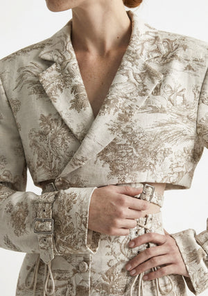 Savoy Blazer close-up of notch lapel and buckled cuff with lace ties