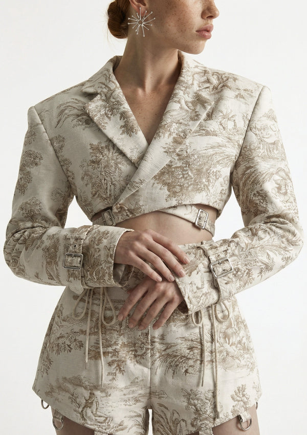 Savoy Blazer detail of buckle waist strap and tailored cropped front