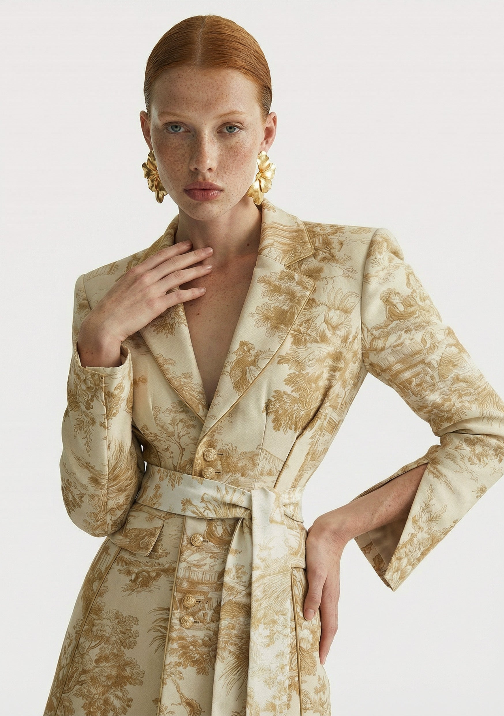 white gold blazer dress Golden White Damask Blazer Dress with Sleeves