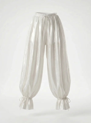 Lunaria Pants ivory sheer balloon trousers flat lay showing ribbon-tied ankles and drawstring waist