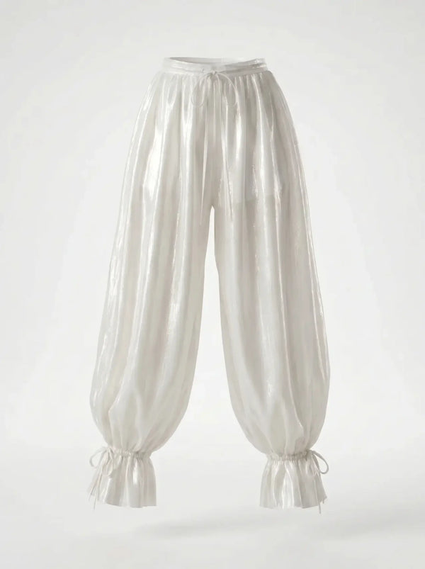 Lunaria Pants ivory sheer balloon trousers flat lay showing ribbon-tied ankles and drawstring waist