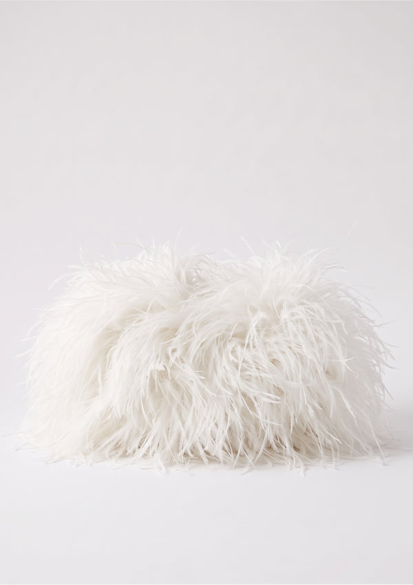Milk Feather Bag closed, front view, in soft cream ostrich feathers.