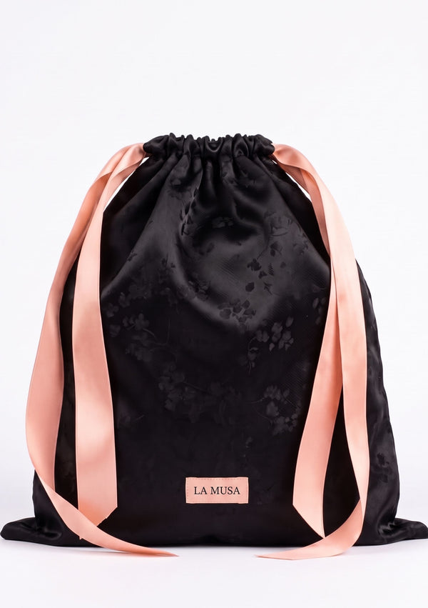 Tenebrae drawstring pouch in deep black woven floral jacquard with powder-pink satin ribbons
