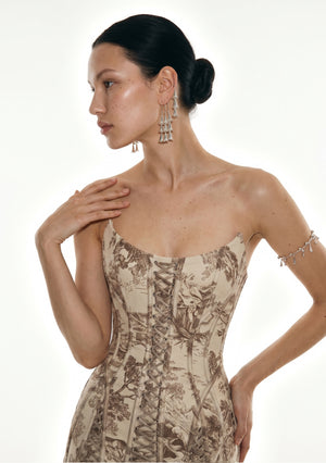 Ivoria dress front view of scooped neckline and central lace-up on ivory toile jacquard