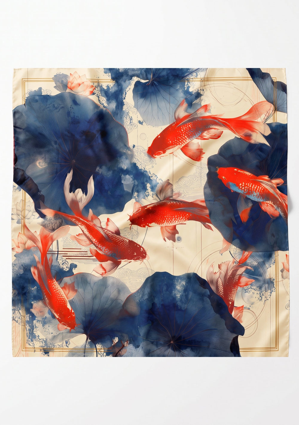 Sumi Scarf knotted as a sash at the waist over a white shirt and white satin trousers, red koi and indigo lotus silk print, worn with silver cuff bracelets
