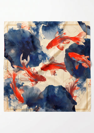 Sumi Scarf laid flat, square silk printed with red koi fish swimming through indigo ink-wash lotus pads on a cream ground inside a fine gold linear border