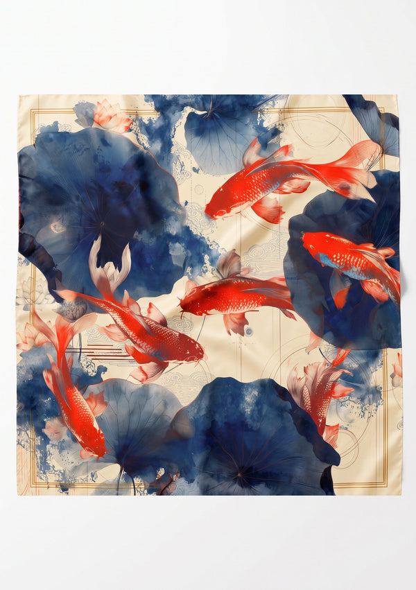 Sumi Scarf laid flat, square silk printed with red koi fish swimming through indigo ink-wash lotus pads on a cream ground inside a fine gold linear border
