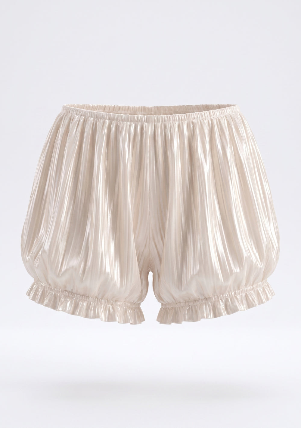 Sirocco cream satin-chiffon bloomer shorts front view worn on-model with the off-shoulder crop top