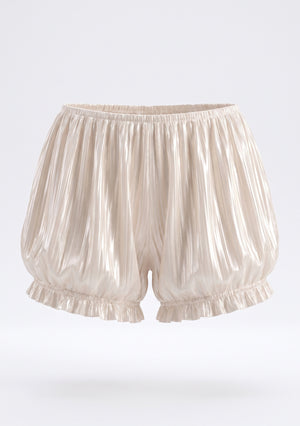 Sirocco cream satin-chiffon bloomer shorts product view showing the puffed silhouette and ruffle-trimmed cuffs