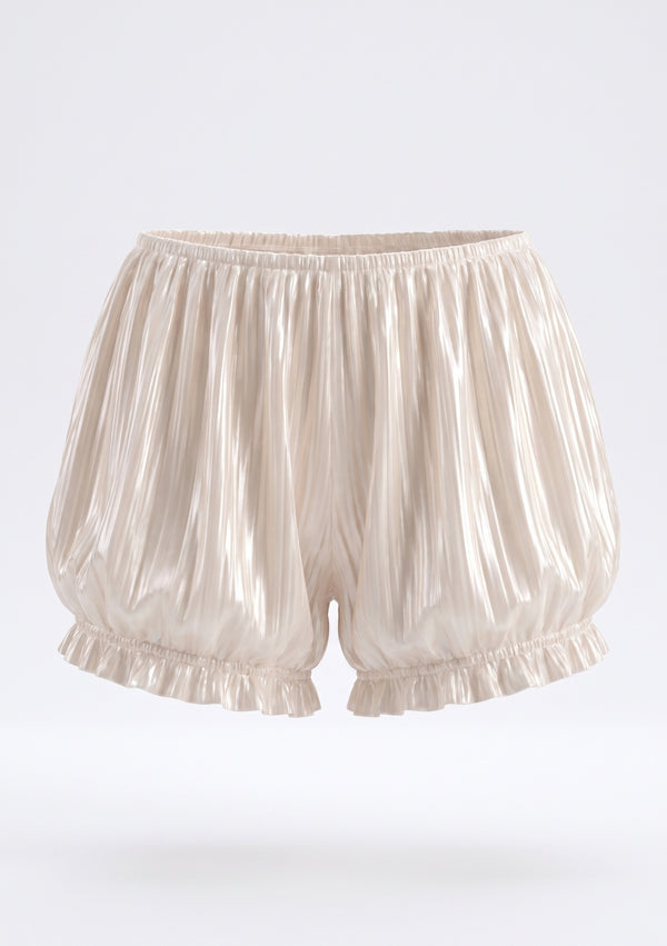 Sirocco cream satin-chiffon bloomer shorts product view showing the puffed silhouette and ruffle-trimmed cuffs