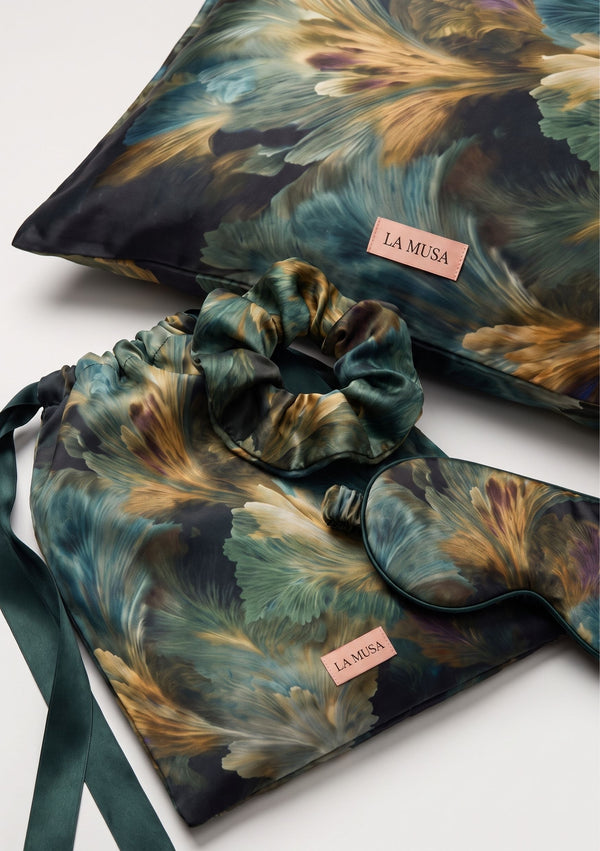 Sylvara Sleep Set with pillowcase, eye mask, scrunchie and pouch in forest green botanical print with bronze and muted violet