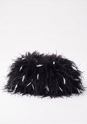 Black Feather Bag front view, voluminous black ostrich feathers with white accents.