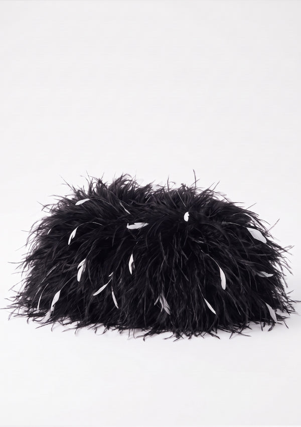 Black Feather Bag front view, voluminous black ostrich feathers with white accents.