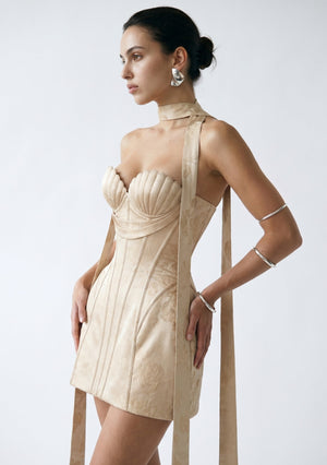 Nacre champagne jacquard corset mini dress side view with flowing ribbons