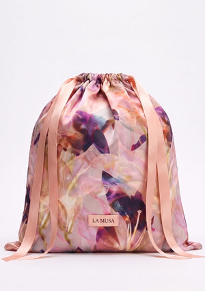 Opalia drawstring pouch in watercolor floral print in pink, ivory and deep violet with pink ribbons