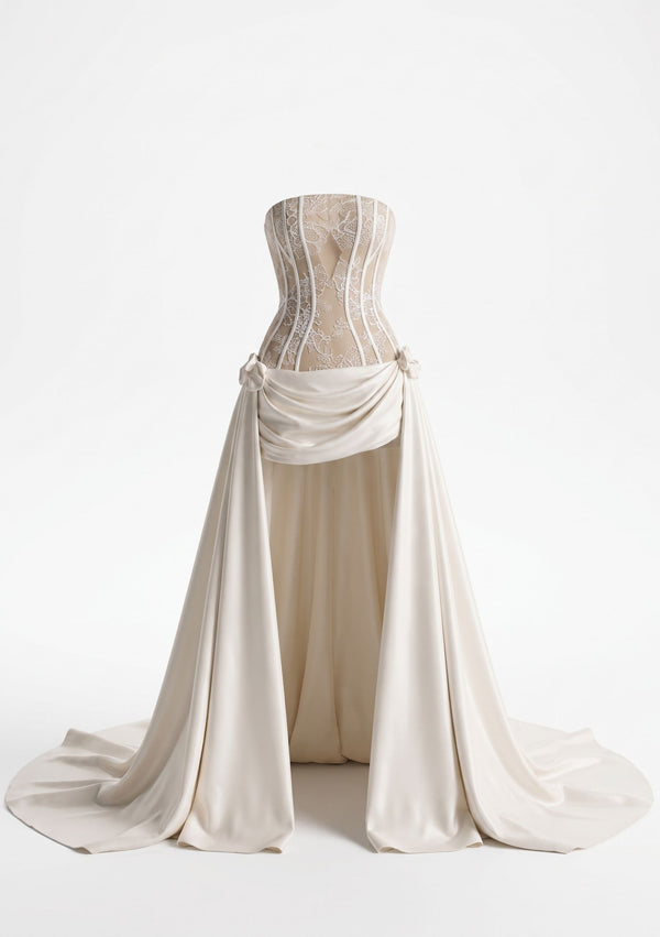 Anthurium Dress on a white background: strapless lace corset with a mini skirt and the detachable milk satin train