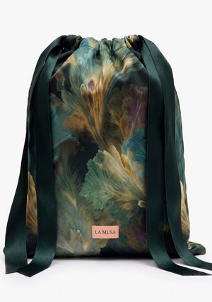 Sylvara drawstring pouch in forest green botanical print with bronze and muted violet with dark green ribbons