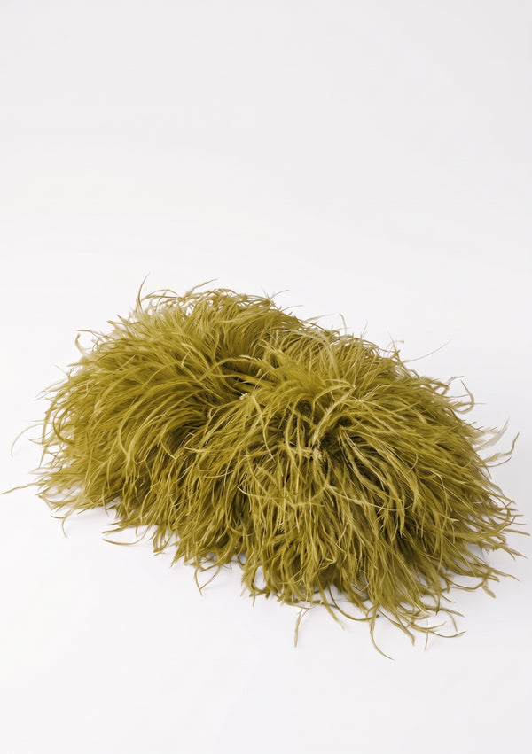 Olive Feather Bag side view, the clasp showing among olive green ostrich feathers.