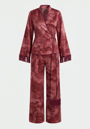Crimson Dusk Set flat product shot, burgundy satin wrap top with mandarin collar, wine piping and silk fringe cuffs shown above matching wide-leg trousers