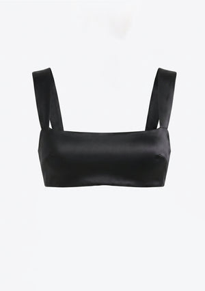 Black satin Baccara crop top with square neckline and wide straps, product view