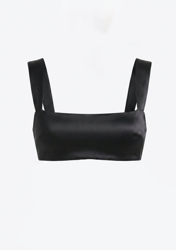 Black satin Baccara crop top with square neckline and wide straps, product view