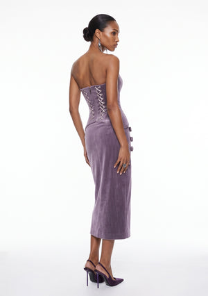 Iris Set three quarter back view - lavender velvet corset top and midi wrap skirt worn with heels
