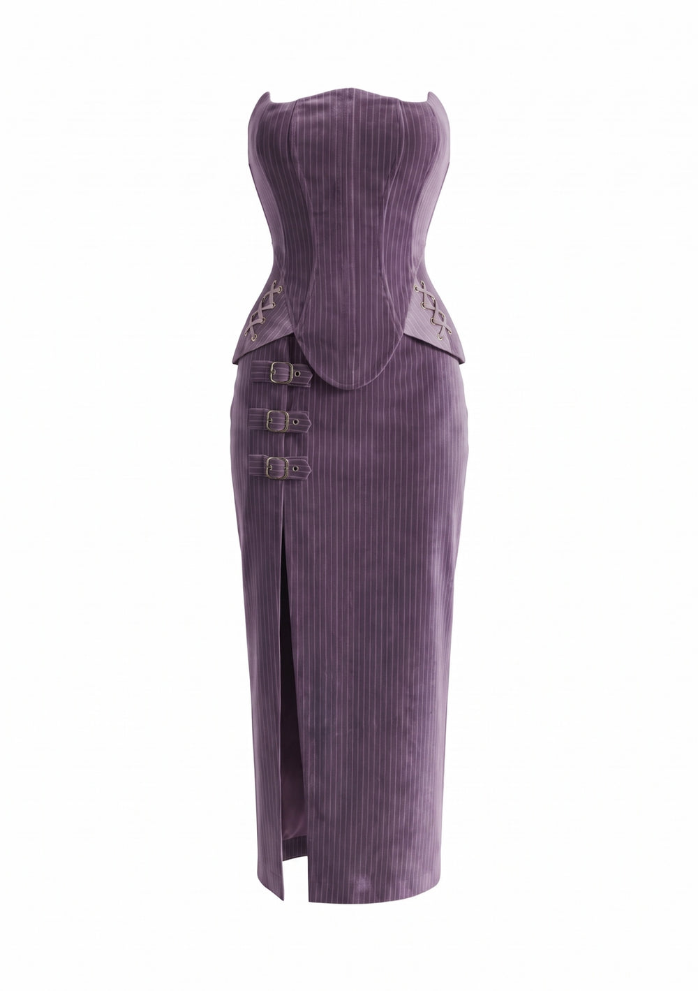 Iris Set front view - lavender velvet strapless corset top with midi wrap skirt, buckle straps and lacing at the hip