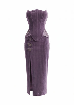 Iris Set full length front view - lavender striped velvet corset top and midi wrap skirt with high side slit