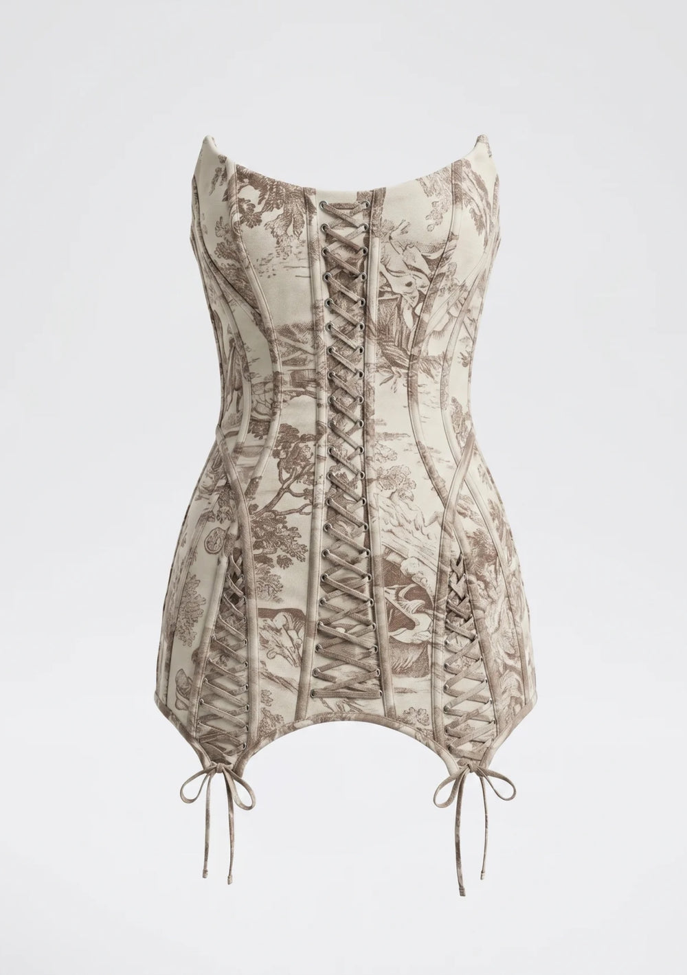 Ivoria toile corset mini dress full length front view with pointed satin-tie hem