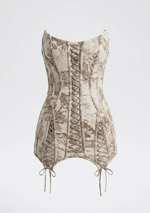 Ivoria ivory and brown toile jacquard corset mini dress flat lay showing front and side lace-up panels