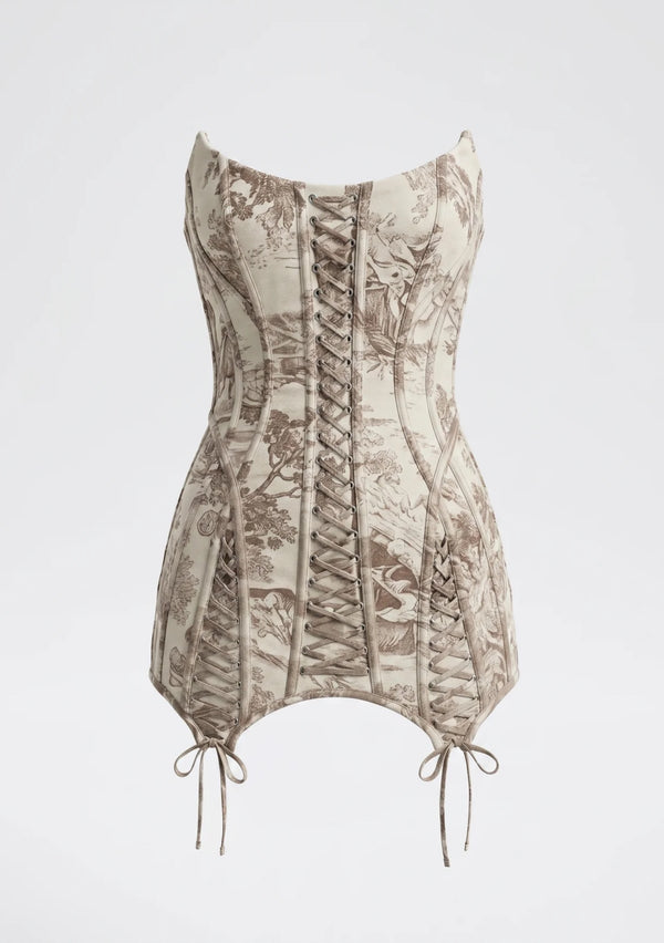 Ivoria ivory and brown toile jacquard corset mini dress flat lay showing front and side lace-up panels