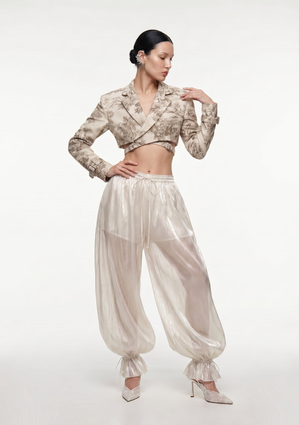 Lunaria Pants sheer organza wide leg balloon pants front three quarter view with Savoy Blazer