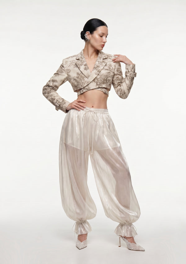 Sirocco Pants sheer organza wide leg balloon pants front three quarter view with Savoy Blazer