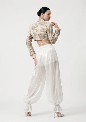 Sirocco Pants sheer pearlescent organza back view drawstring ankle cuffs with Savoy Blazer